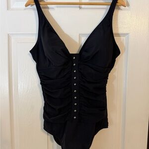 Black Ruched Swimsuit with Button Detail XL